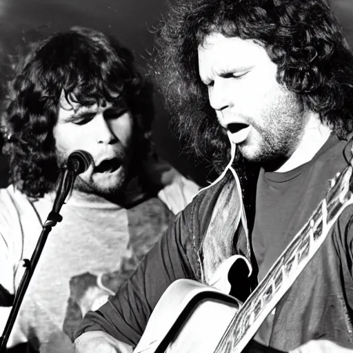 Image similar to Jim Morrison and Thundercat playing music together on stage at Woodstock
