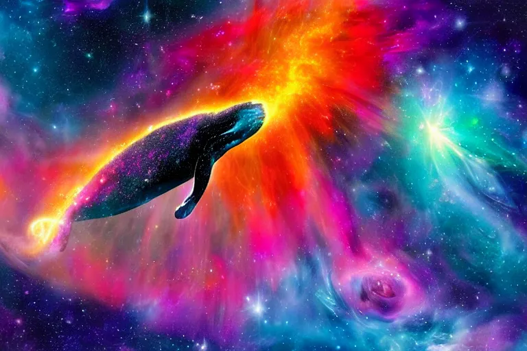 Image similar to a cosmic humpback whale swimming through a colorful space nebula with a black hole, event horizon, digital art, photorealistic