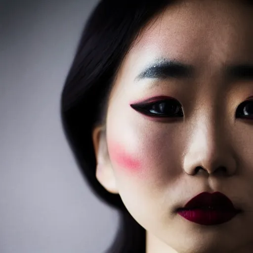 Image similar to filmstill, over the shoulder photography of asian girl with golden makeup looking in to the camera, black lips, black kimono, black pagoda, black face tattoo, sad mood, god rays, volumetric light, lightbeams, art noveau style, neobrutalistic