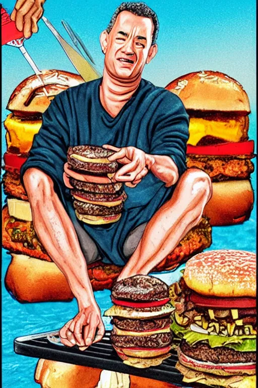 Image similar to tom hanks grilling burgers tarot card, turbografx