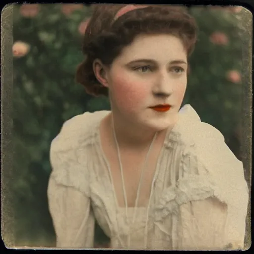 Prompt: Kodachrome of a young woman from the 1900s