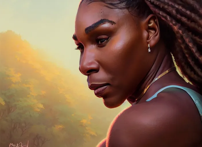 Prompt: highly detailed portrait of serena williams, unreal engine, fantasy art by greg rutkowski, loish, rhads, ferdinand knab, makoto shinkai and lois van baarle, ilya kuvshinov, rossdraws, tom bagshaw, global illumination, radiant light, detailed and intricate environment