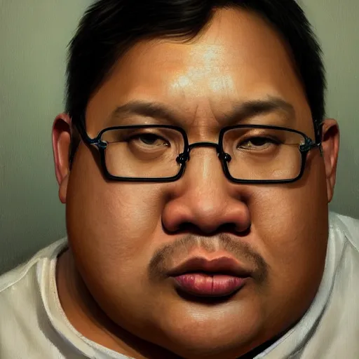 Image similar to hyper realistic, portrait of filipino dwight shrute, extremely obese painted by greg rutkowski, wlop, loish,