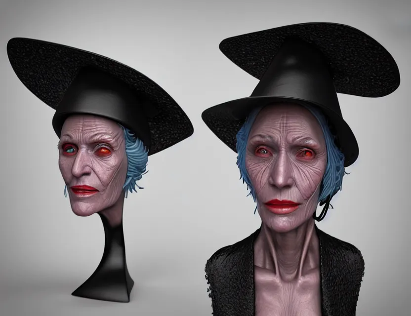 Image similar to cinematic bust portrait of robo face granny cyborg body, witch's hat on head, by jean giraud, trending artstaition, 3 d, unreal engine