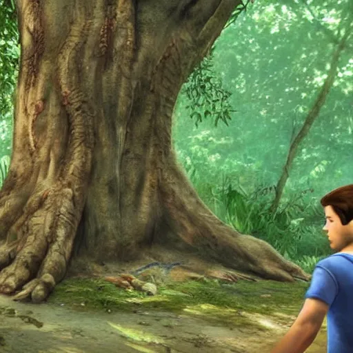 Prompt: young nathan drake finding a large tree, highly detailed