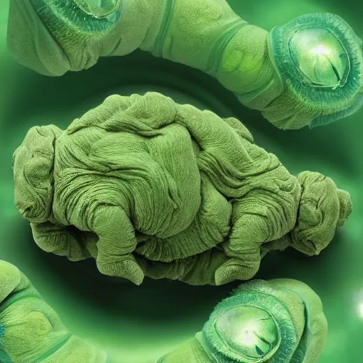 Image similar to tardigrade floating in green slime. finely detailed skin with celluar glossy facets