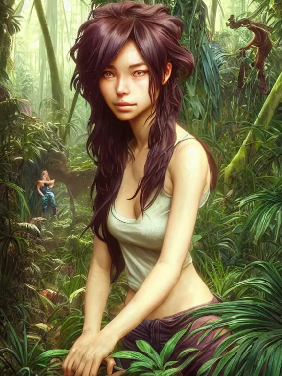 Image similar to full body picture of a female traveler lost in jungle maze, tired, beautiful and aesthetic, intricate, unreal engine, messy hair, highly detailed, detailed face, smooth, sharp focus, chiaroscuro, manga illustration, artgerm, greg rutkowski, ilya kuvshinov, rossdraws, alphonse mucha, young adult light novel cover art