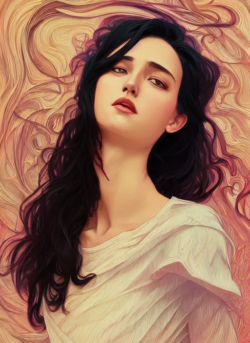 Image similar to handsome young women with shoulder length black hair, half body shot, path traced, highly detailed, high quality, digital painting, alena aenami, lilia alvarado, shinji aramaki, karol bak, alphonse mucha, tom bagshaw