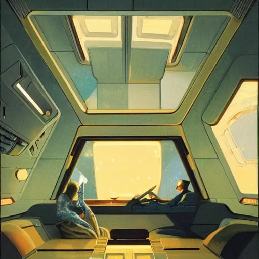 Image similar to Cozy interior of a spaceship, teal lighting, cozy lighting, space seen outside from a window, by Syd Mead, John Harris, Federico Pelat