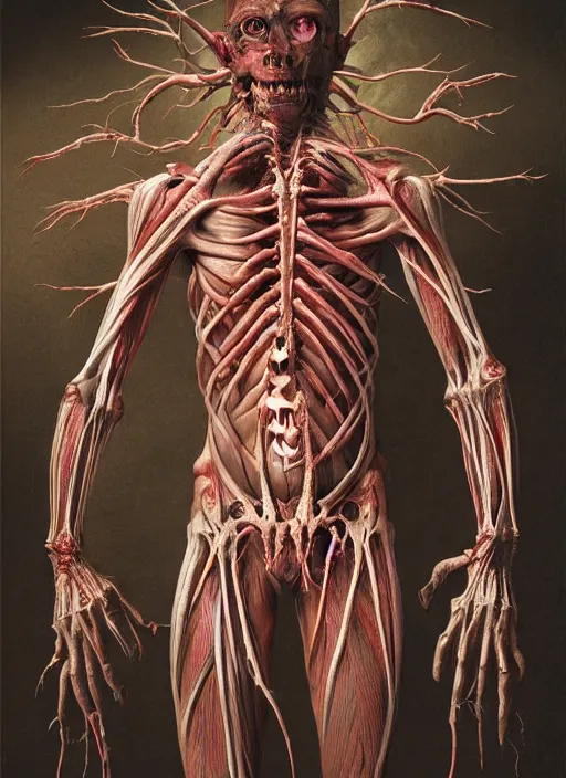 Prompt: demonic creature with translucent skin, visible muscles and veins and arteries and bones and spines and nerves, beautiful detailed intricate insanely detailed octane render, 8k artistic photography, photorealistic, chiaroscuro, by David Cronenberg, Raphael, Caravaggio