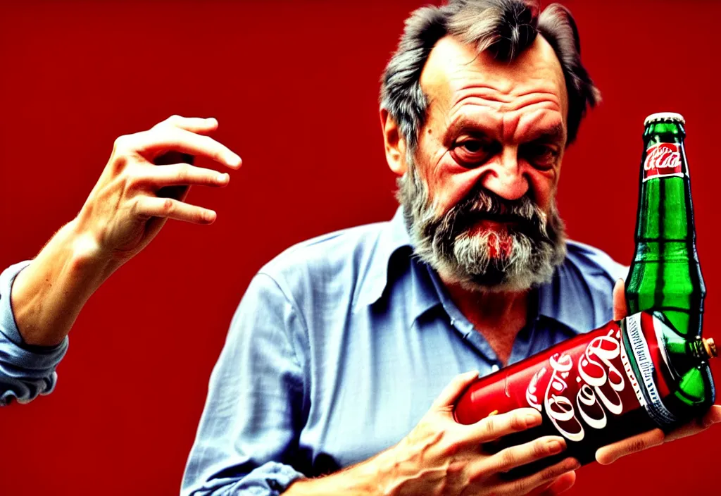 Image similar to hdr photo of slavoj zizec discussing how a coca - cola bottle is ideology, hd, sharp focus, dramatic lighting, sniffing his finger, cinematic composition