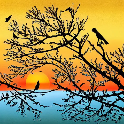 Image similar to birds on cherry tree, serene, graceful, sunset at golden hour, digital painting, Dada