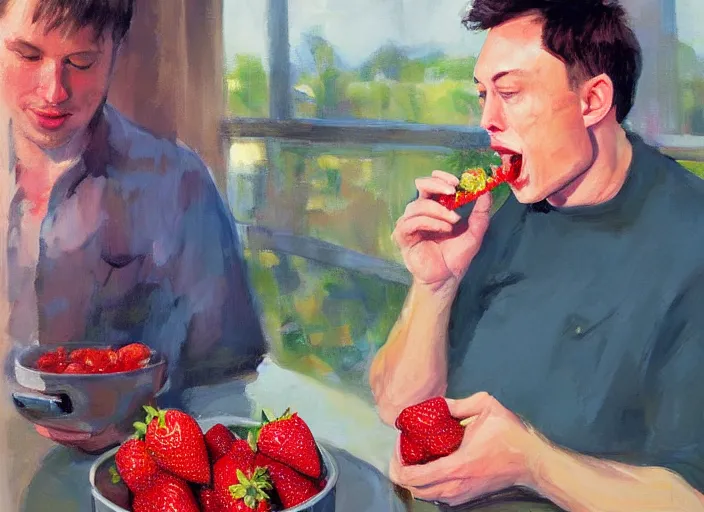 Image similar to a highly detailed beautiful portrait of elon musk eating strawberry by gregory manchess, james gurney, james jean