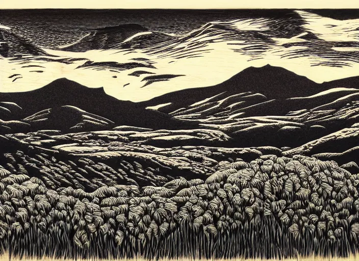 Image similar to an award winning wood engraving on paper of The highlands of Scotland