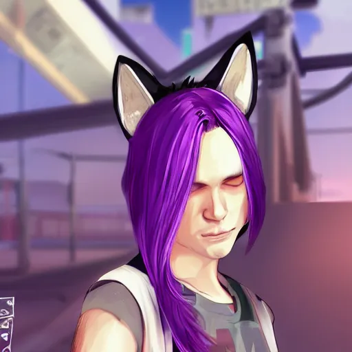 Prompt: A young man with cat ears and purple hair in GTA V, cover art by Stephen Bliss, artstation
