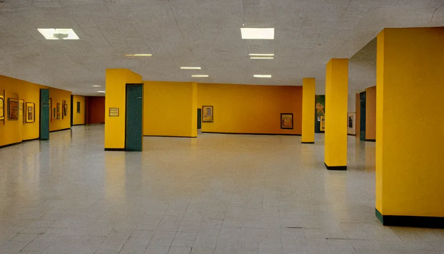 Image similar to 60s movie still of a sovietic stalinist style empty art museum with a toilet siege with yellow tiles, cinestill 800t 50mm eastmancolor, liminal Space style, heavy grain