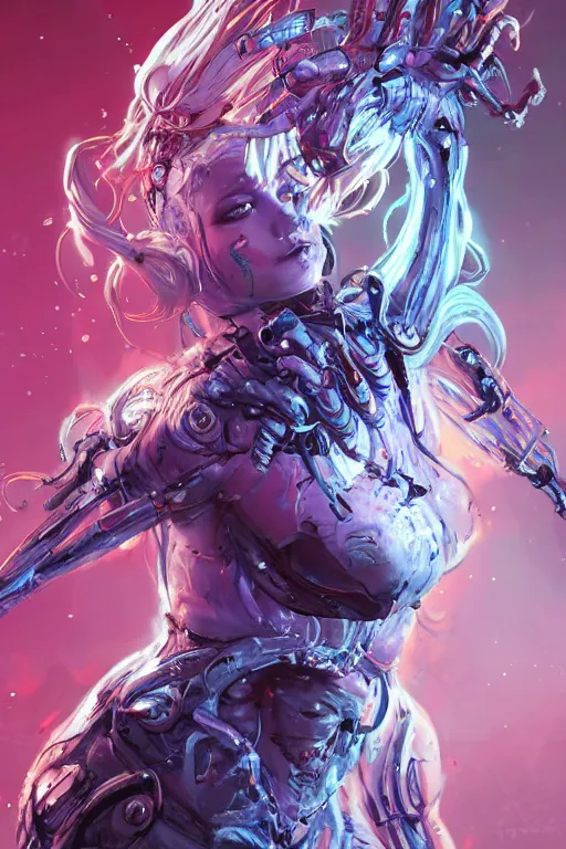 Image similar to comic art,Sprial, a beautiful female six-armed Mutant and Cyborg Sorcerer with white hair dancing in the air,melting,full character design,8k,art by Stanley Artgermm,Travis Charest,Carne Griffiths,trending on Artstation,face enhance,hyper detailed,full of colour,cinematic,dynamic lighting