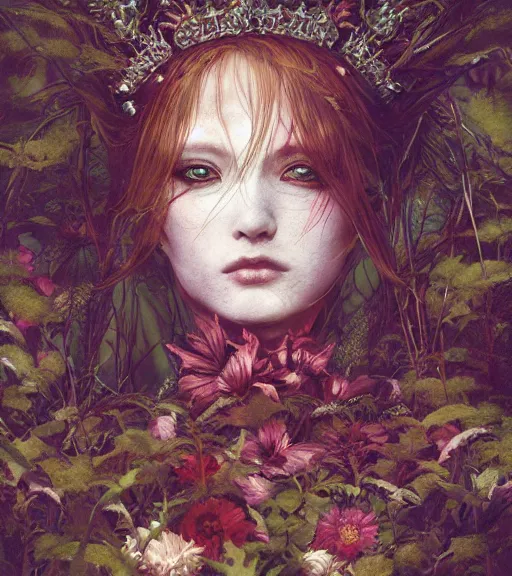 Image similar to portrait of the supreme queen of the blood cult, surrounded overgrowth and flowers 🍂 by Akihiko Yoshida, Yoshitaka Amano,Marc Simonetti, karol bak, WLOP, James Jean, tom bagshaw, rococo, trending on artstation, fantasy magic fashion girl portrait, glossy eyes, face, fantasy, elegant, highly detailed, digital painting, concept art, smooth, sharp focus, illustration, cinematic lighting, hyper realism, octane render, 8k, hyper detailed.