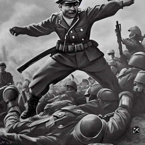 Image similar to pikachu fighting stalin in ww 2 uniform and a mustache, fighting in world war 2, photorealistic, high detail, realistic, sharp focus, smooth edges, soldiers in the background! black & white!, dramatic, sky on fire with dogfights in the sky. wide angle. painting by eugene de lacroix