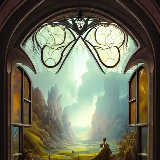 Image similar to beautiful large window with four panes, four yearseason is represented by peter mohrbacher, art nouveau, landscape, cinematic