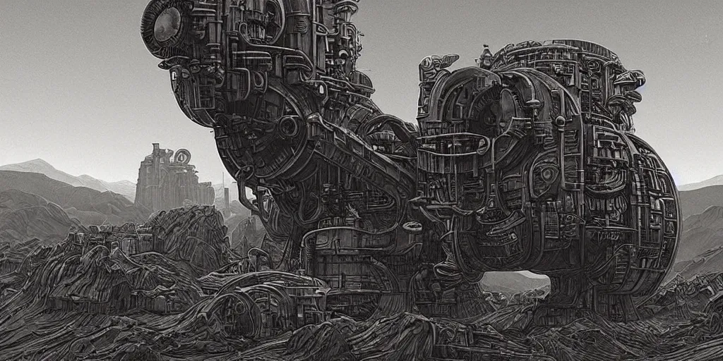 Image similar to a neverending non - euclidean factory in a bleak martian landscape, dieselpunk by hr giger