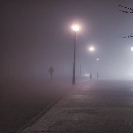 Prompt: ghost on a foggy night streer with neon streetlights like Silent Hill screenshot