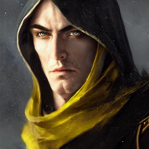 Prompt: portrait of a mysterious and cunning male high elf inquisitorial agent wearing a black hooded agent's cloak with bits of yellow, by Raymond Swanland Greg Rutkowski Lise Deharm, intricate, masterpiece, sharp, digital art, full head, ArtStation, CGStation, 8k