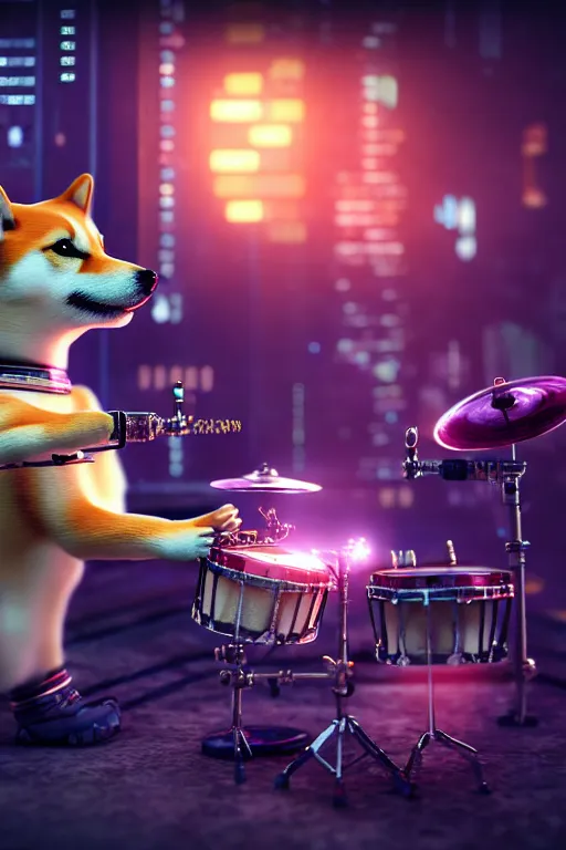 Image similar to high quality 3 d render very cute cyborg shiba inu plays drums, cyberpunk highly detailed, unreal engine cinematic smooth, in the style of blade runner & pixar, hannah yata charlie immer, moody light, low angle, uhd 8 k, sharp focus