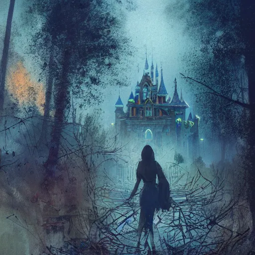 Image similar to a girl in chernobyl disneyland, disneyland castle, wasteland, forest fires light, digital illustration, by android jones and greg rutkowski, dark cloudy skies, detailed, cinematic lighting, wide angle action dynamic portrait