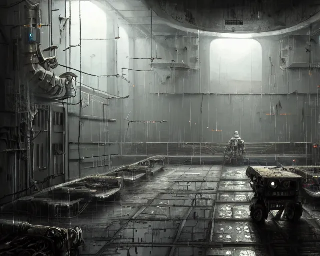 Image similar to gloomy ruined server room in datacenter robot automata rusty steel robot knight colossus welder pacing fixing mono eyed, sharp focus, emitting diodes, smoke, artillery, sparks, racks, system unit, motherboard, by pascal blanche rutkowski repin artstation hyperrealism painting concept art of detailed character design matte painting, 4 k resolution blade runner