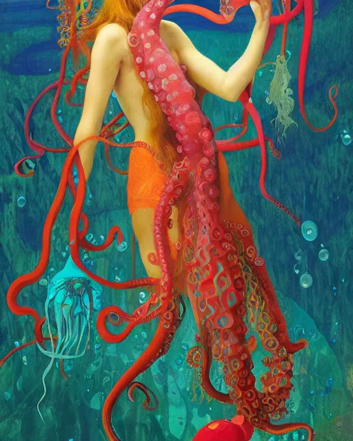 Image similar to a beautiful girl underwater wearing a colourful octopus as a dress and surrounded by glowing jellyfish, painted by edgar maxence, edward hopper, wayne barlowe and james gilleard, airbrush, art by jamesjean