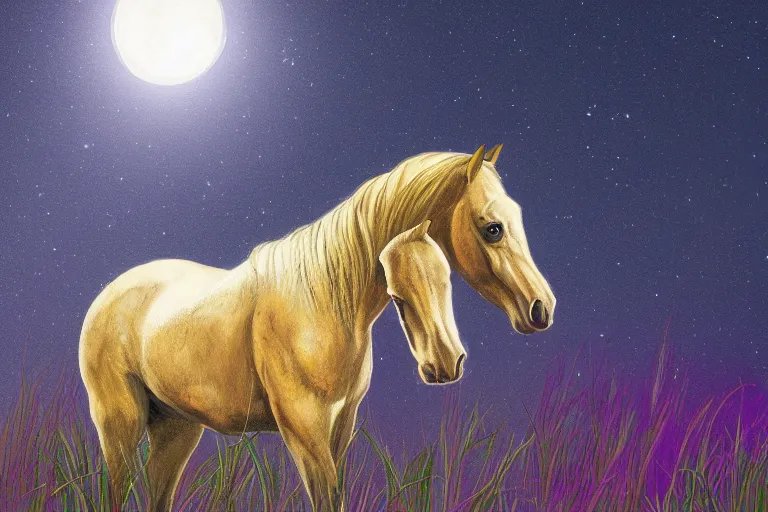 Image similar to a digital painting of a sad horse that's lost in a meadow, tall plants, white lighting, night sky, glows, moonlight,