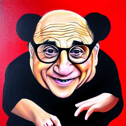 Image similar to danny devito in the form of a possum scaring away cats abstract painting