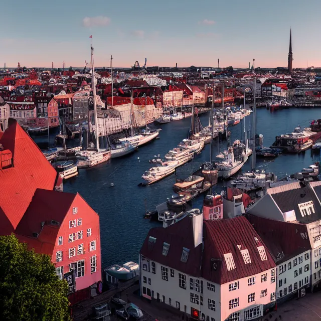 Image similar to copenhagen denmark with new england colonial buildings on a harbor, pink ice cream mountain in the distance, cinematic, volumetric, realistic, cinematic lighting, ray tracing, unreal engine 5, octane render, hyper realistic, photo, 8 k