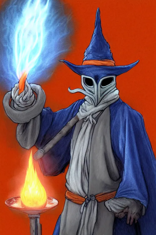 Image similar to a color pencil sketch of a plague doctor with a white plague mask and a blue wizard robe holding his right hand casting a orange firey spell, as a d & d character, blue robe, magical, blue and orange highlights, hip hop aesthetic, concept sheet, painting by gaston bussiere, demon slayer, akiri toriyama, dramatic lighting, professional digital art, anime