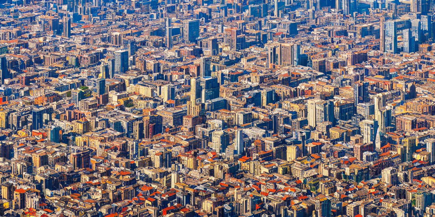 Prompt: oil paint birds eye view of a small medieval city with skyscrapers towers