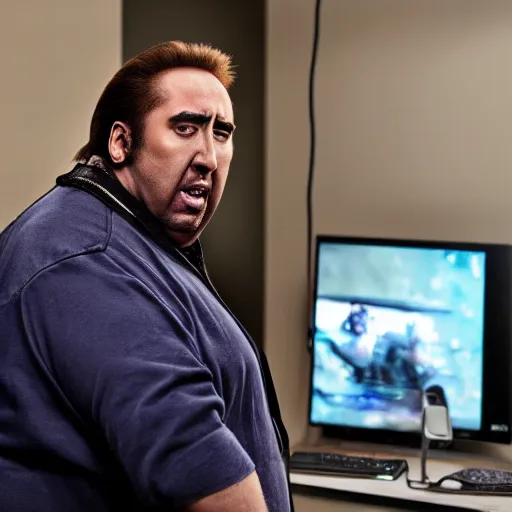 Image similar to obese nicolas cage wearing a headset yelling at his monitor while playing WoW highly detailed wide angle lens 10:9 aspect ration award winning photography