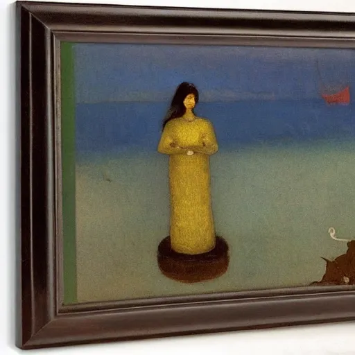 Prompt: a woman and her black and brown chihuahua stand by the sea by odilon redon