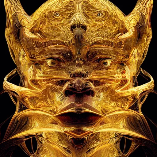 Prompt: a beautiful symmetrical being made of golden ornaments by android jones, 3D, 8k resolution