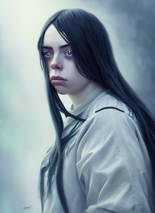 Image similar to Overlord Billie Eilish, highly detailed, digital painting, artstation, concept art, sharp focus, illustration, art by Ian Sprigger Edmund Bliar Leighton and Charlie Bowater