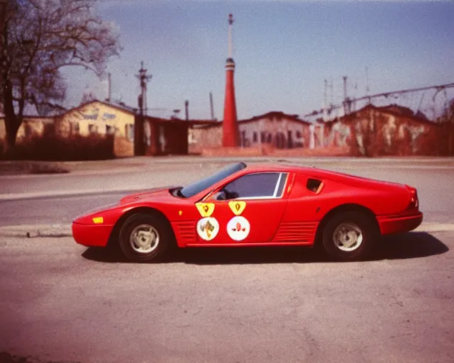 Image similar to a lomographic photo of ferrari standing in typical soviet yard in small town, hrushevka on background, cinestill, bokeh