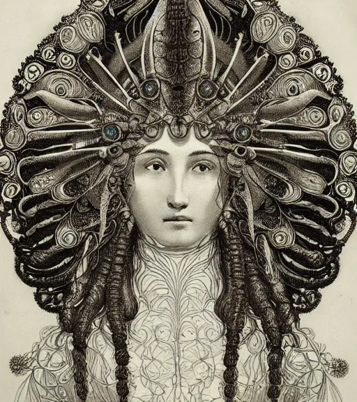 Prompt: portrait of a beatiful young goddess with intricate jellyfish headdress, dark background, intricate hyper detailed art by ernst haeckel,
