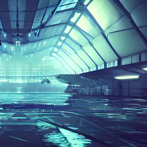 Image similar to futuristic hangar, crisp, artstation, luxury, beautiful, dim painterly volumetric aquatic sunset lighting, 3 d concept art