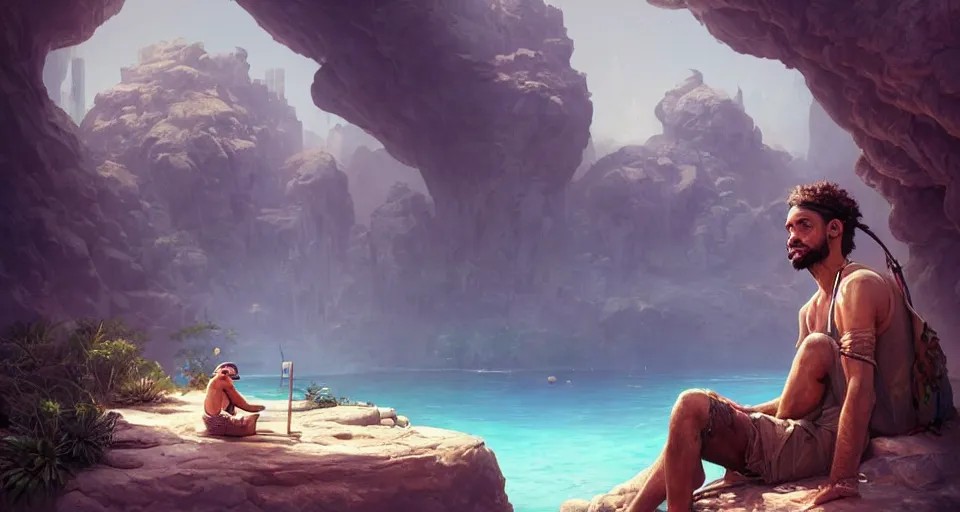 Prompt: a male desert vagabond sitting next to an oasis!!!! with crystal clear water surrounded by skyscrapers with a ringed planet in the sky, by wlop and peter mohrbacher, extremely detailed shading, concept art, digital painting, trending on artstation, unreal engine 5, octane render, atmosphere, glow, cinematic lighting, full of color