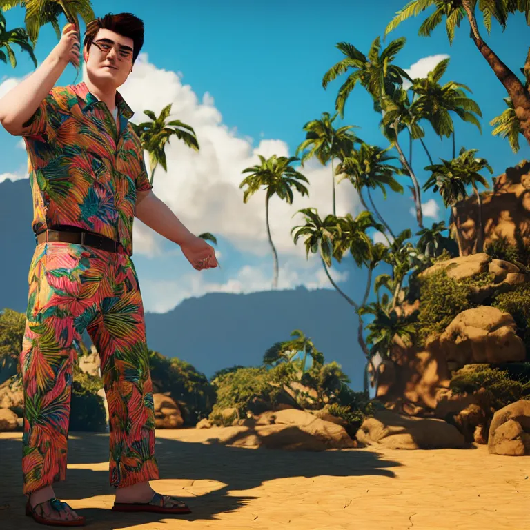 Prompt: a cinematic shot of palmer luckey, aloha shirt, colorful, octane render, volumetric lighting, nvidia raytracing demo, by Andy Thomas, Mario Martinez, Daniel Mirante, Gustave Dore, Artstation, CGsociety, masterpiece