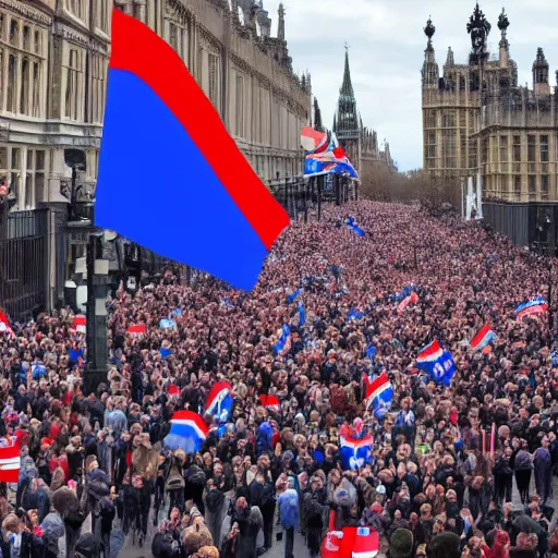 Image similar to a picture of westminster with a gigantic crowd of protestors on the street, the sky is blue and everyone is holding russian flags or posters with prince andrew's face wide shot hyperrealistic photography 7 0 mm