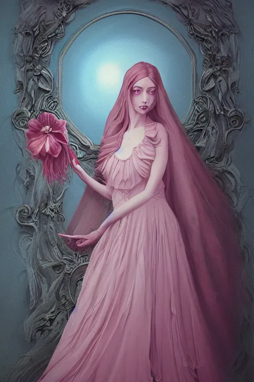 Image similar to ibiscus witch portrait, Hilda, light pink gown, southern gothic style, ornate baroque details, inspired by zdzislaw beksinski, tarot, occult, hibiscus :: unreal engine, 4k photograph, illustrated by lois van bartle, Trending on artstation, artstationHD, artstationHQ, 4k, 8k