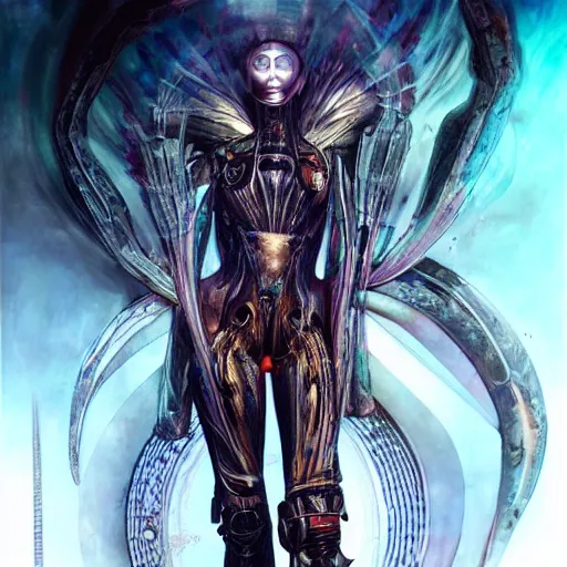 Image similar to a full body beautiful woman wearing a cyberpunk outfit by karol bak, ayami kojima, artgerm, sakimichan, hr giger, blue eyes, weapons, electronics, high tech, concept art, fantasy