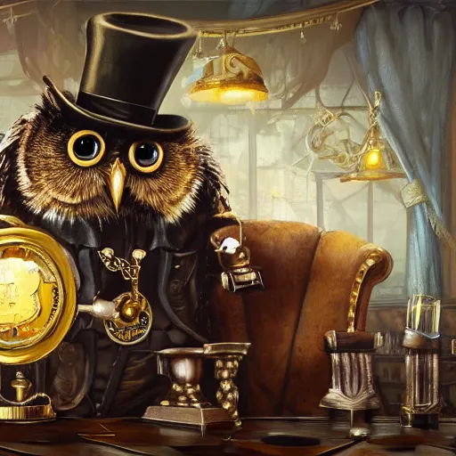 Image similar to oil painting of grumpy rich steampunk owl, sitting in fancy chair, wearing top hat, holding gold coin, steampunk factory background, machines in background, sharp focus, fantasy style, octane render, volumetric lighting, 8k high definition, by greg rutkowski, highly detailed, trending on art Station, magic the gathering artwork, centered,