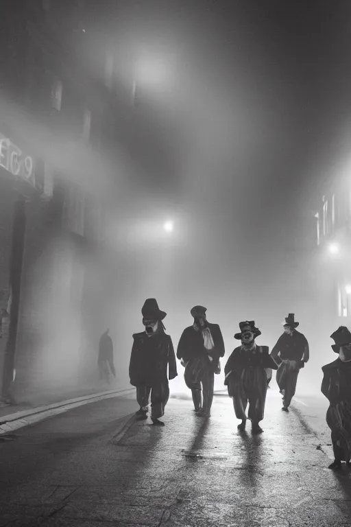 Prompt: a group of men dressed as clowns walking down a dark foggy alley